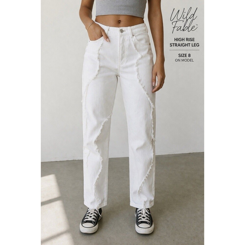 Wild Fable High Waisted Straight Leg Jeans 8 White Frayed Seam Indie Grunge Y2K